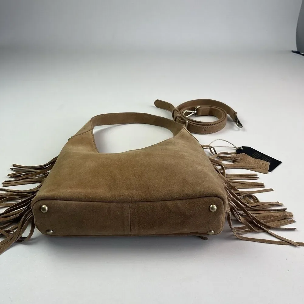 NWT Western Fringe Suede Leather Hobo Bag Tan Cowgirl Festival Crossbody Purse